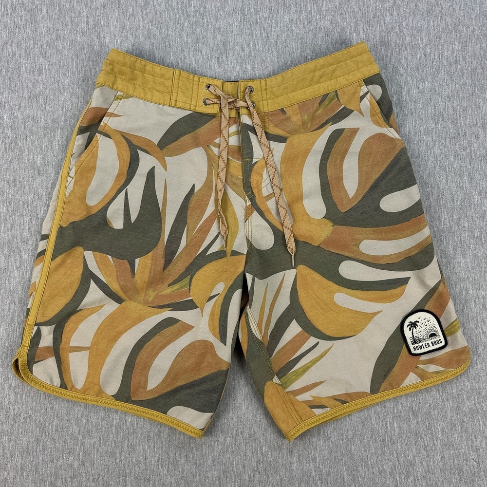 Howler Bros Bruja Board Shorts Mens 30 Beige Monstera Mash Surf Swim 8.5" Ins.